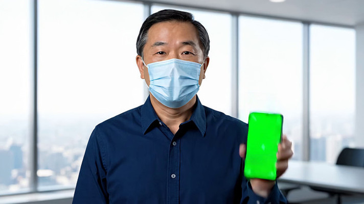 戴口罩男性展示绿屏手机 戴口罩男性展示绿屏手机