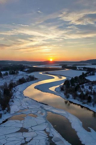 冬季河流日出航拍全景 冬季河流日出航拍全景