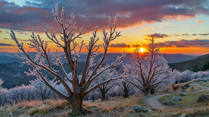 冬景日出下覆霜树木与远山 冬景日出下覆霜树木与远山