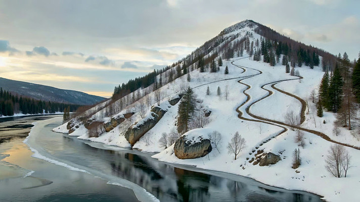 冬季山间河流雪景风光 冬季山间河流雪景风光