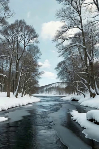 冬季雪覆树林中的河流景象 冬季雪覆树林中的河流景象