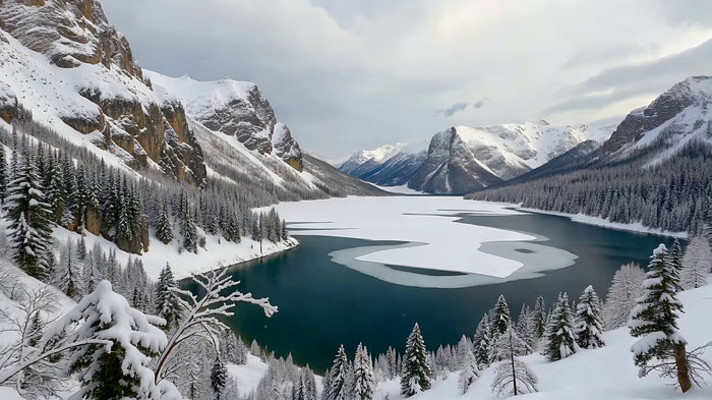 冬季雪山森林湖泊风景 冬季雪山森林湖泊风景