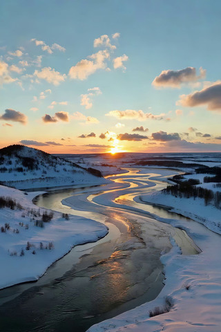 冬季雪域河流日落景观 冬季雪域河流日落景观