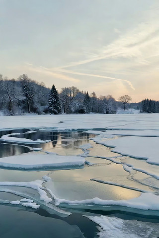 冬日冰封湖面与雪覆树林景观 冬日冰封湖面与雪覆树林景观
