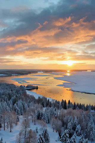 冬日河流森林日出全景 冬日河流森林日出全景