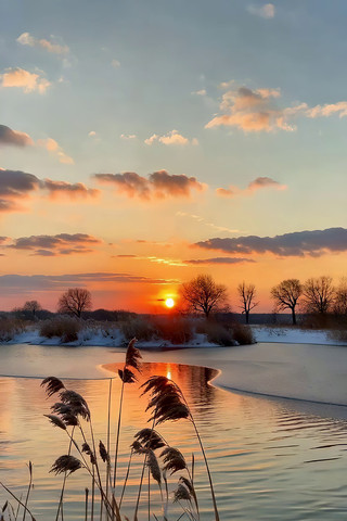 冬日夕阳下的湖泊风景 冬日夕阳下的湖泊风景