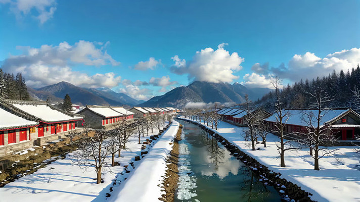 冬日雪景中的古建筑与河流 冬日雪景中的古建筑与河流