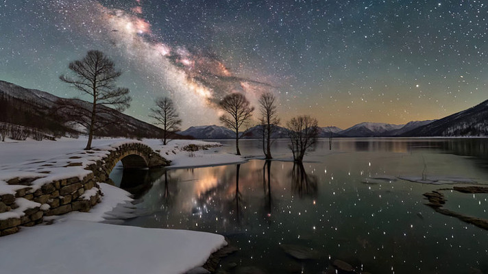 冬夜湖畔星空倒影素材 冬夜湖畔星空倒影素材