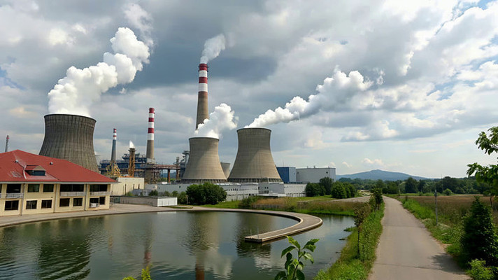 发电厂冷却塔与烟囱全景 发电厂冷却塔与烟囱全景