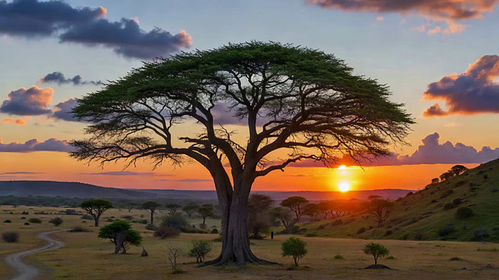 非洲草原落日下的孤独大树 非洲草原落日下的孤独大树