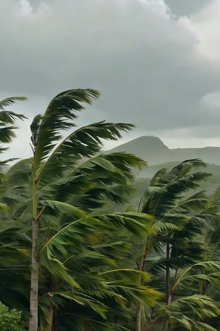 风吹动的棕榈树林与远山 风吹动的棕榈树林与远山