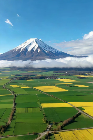 富士山下田园风光俯瞰全景 富士山下田园风光俯瞰全景