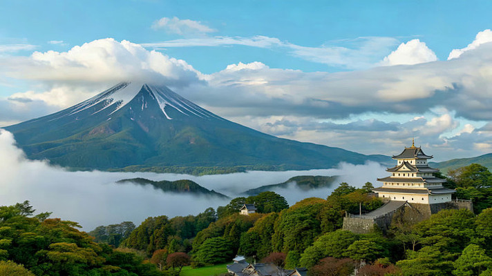 富士山与日式建筑风景 富士山与日式建筑风景