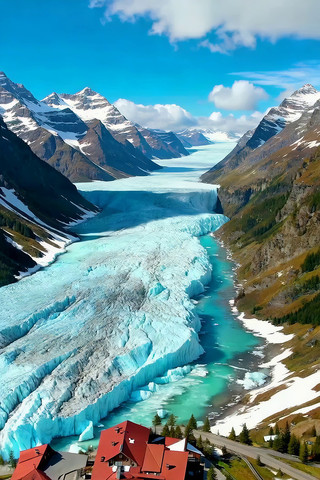 高山冰川与红顶建筑风光 高山冰川与红顶建筑风光