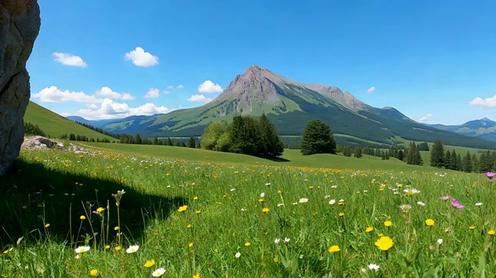 高山下的草地花卉风景 高山下的草地花卉风景