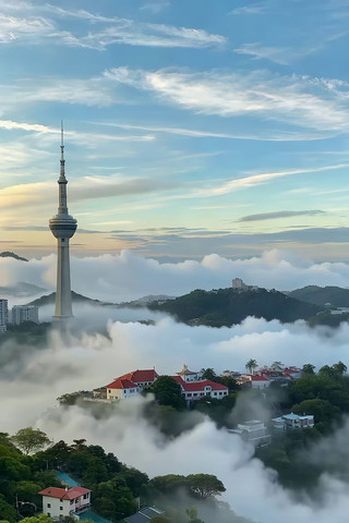 高塔云海间城市风光俯瞰 高塔云海间城市风光俯瞰