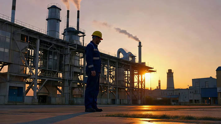 工人于工厂夕阳下站立 工人于工厂夕阳下站立