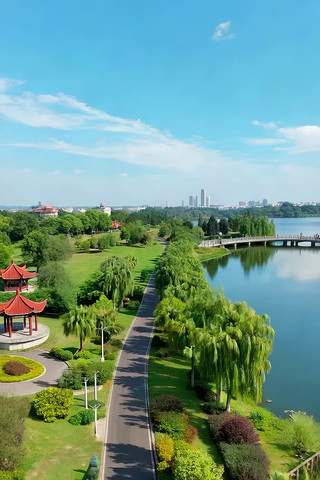 公园湖边道路与中式建筑景观 公园湖边道路与中式建筑景观