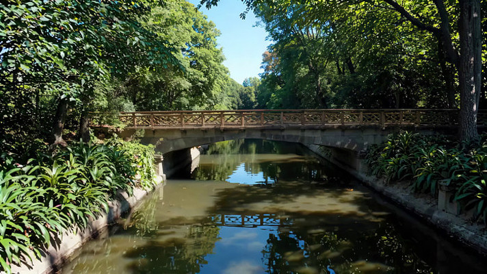 公园内小河上的木质小桥风景 公园内小河上的木质小桥风景