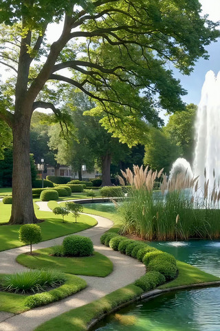 公园喷泉旁绿植景观 公园喷泉旁绿植景观