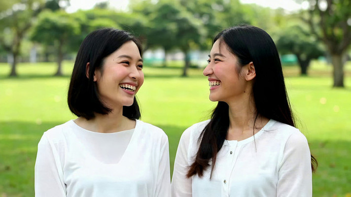 公园中两位女子微笑交谈 公园中两位女子微笑交谈