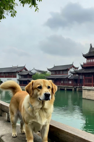 古风建筑旁的金毛犬 古风建筑旁的金毛犬