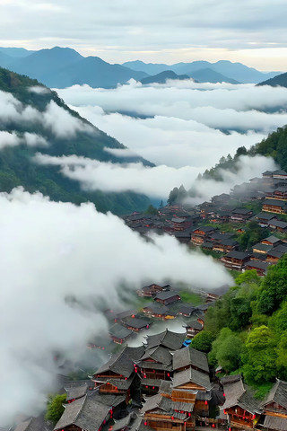 贵州苗寨云雾缭绕全景 贵州苗寨云雾缭绕全景