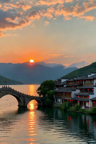 古桥水乡日落风景素材 古桥水乡日落风景素材