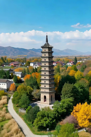 古塔秋日风光航拍 古塔秋日风光航拍