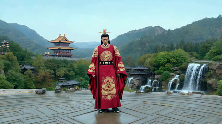 古装男子于山水古建筑前站立 古装男子于山水古建筑前站立