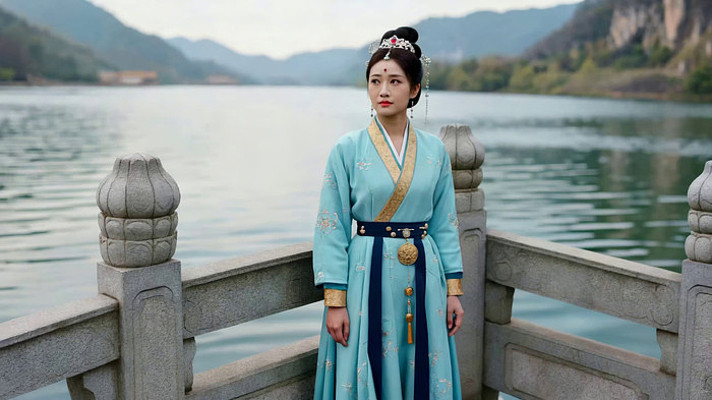 古装女子湖畔倚栏站立 古装女子湖畔倚栏站立