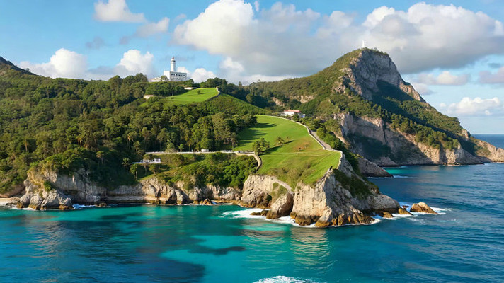 海岸边山丘灯塔全景 海岸边山丘灯塔全景