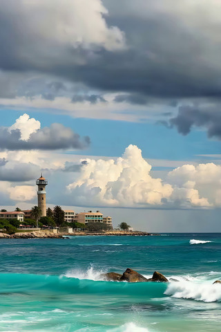 海边灯塔与海浪礁石景观 海边灯塔与海浪礁石景观
