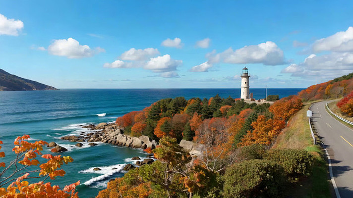 海边公路旁的灯塔秋日风光 海边公路旁的灯塔秋日风光