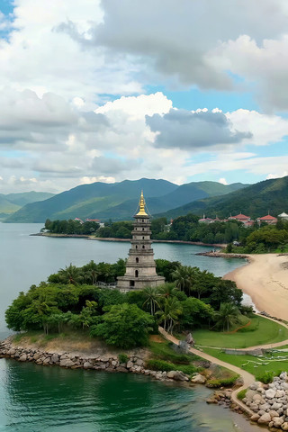 海边古塔自然风光航拍 海边古塔自然风光航拍