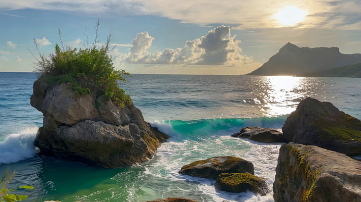 海边礁石海浪日落景象 海边礁石海浪日落景象