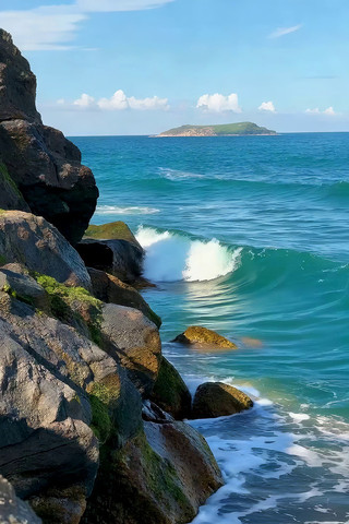 海边礁石与海浪全景 海边礁石与海浪全景