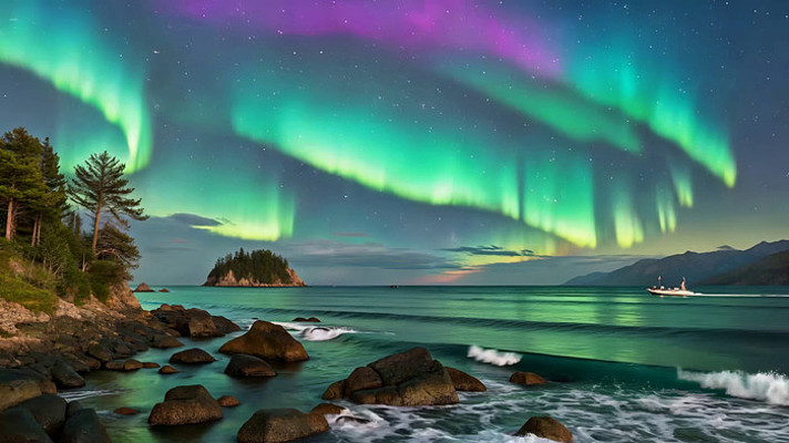 海边极光夜空风景 海边极光夜空风景
