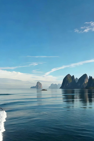 海边蓝色大海与远处山峦景观 海边蓝色大海与远处山峦景观