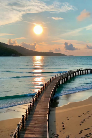 海边日落木质栈桥风景 海边日落木质栈桥风景