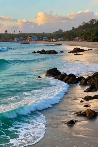 海边沙滩海浪与岸边岩石景观 海边沙滩海浪与岸边岩石景观