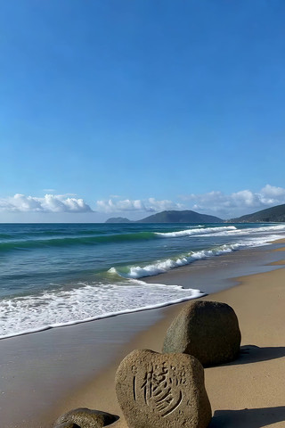 海边沙滩海浪与刻字石头 海边沙滩海浪与刻字石头