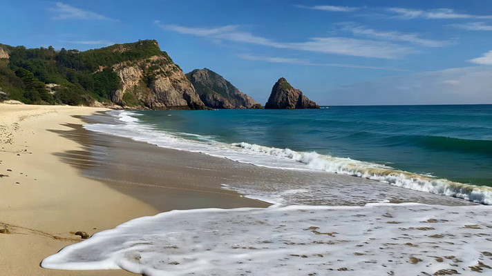 海边沙滩海浪与远处山峦景观 海边沙滩海浪与远处山峦景观