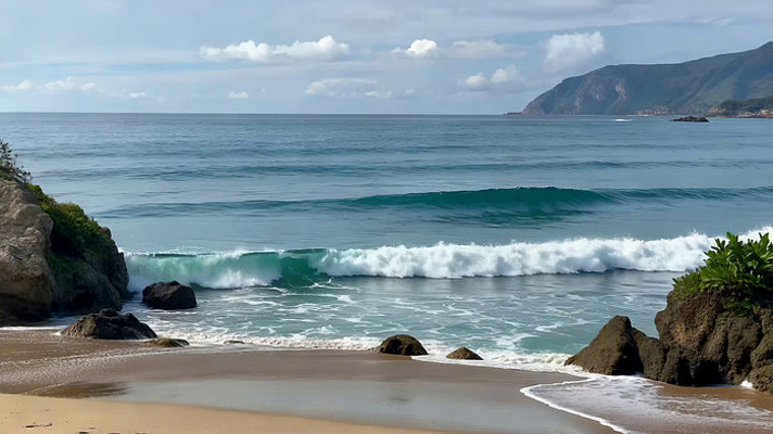 海边沙滩海浪与远山景观 海边沙滩海浪与远山景观