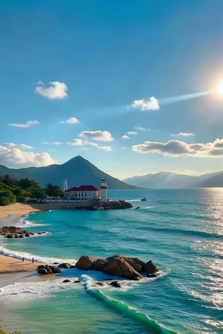 海边沙滩礁石与灯塔风景 海边沙滩礁石与灯塔风景