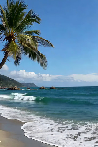 海边沙滩棕榈树海浪风景 海边沙滩棕榈树海浪风景