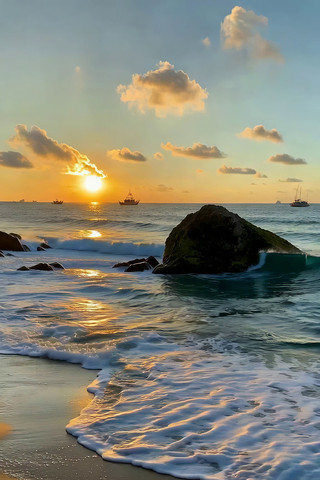 海边夕阳海浪礁石景观 海边夕阳海浪礁石景观