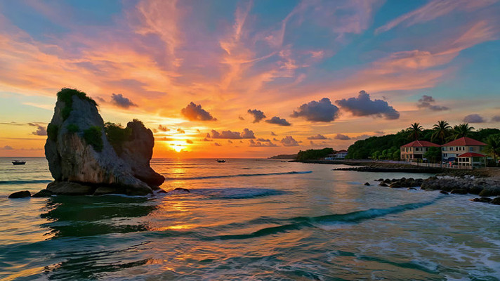 海边夕阳下的礁石与海浪景观 海边夕阳下的礁石与海浪景观