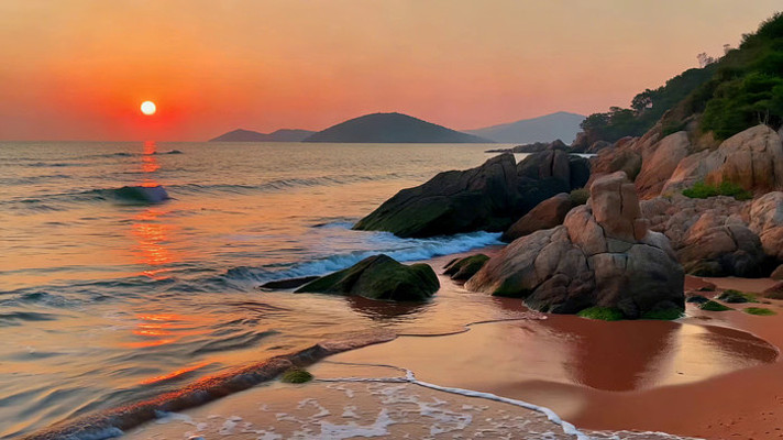 海边夕阳下的沙滩与海浪 海边夕阳下的沙滩与海浪