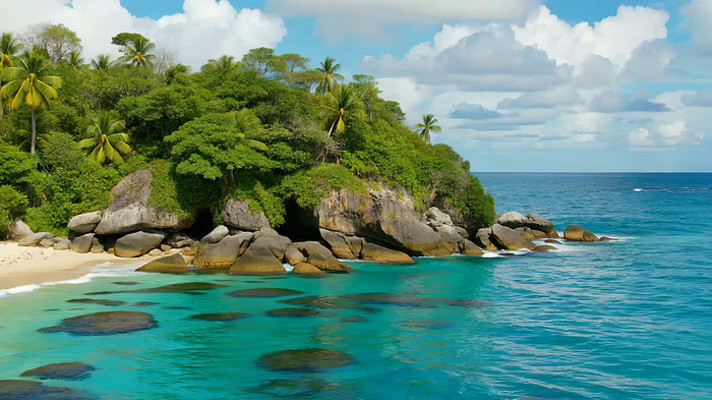 海边椰林岩石岛屿风光 海边椰林岩石岛屿风光
